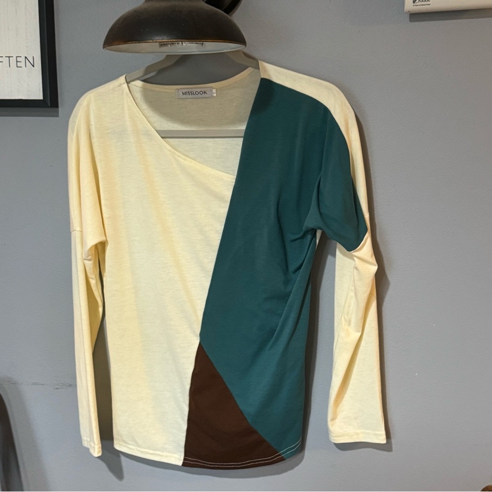 Misslook Women's Colorblock Top - Cream, Teal, and Brown Large